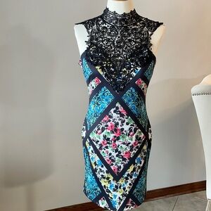 Women’s lace mock neck scuba dress multi media floral geometric sleeveless Med
